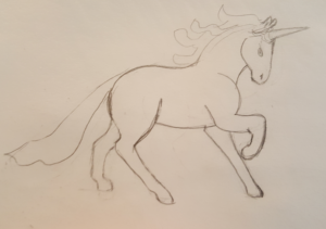 Sketch of hero unicorn with front leg raised to imply motion
