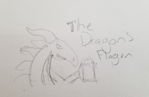 Sketch of Dragon's Flagon logo with dragon holding a flagon