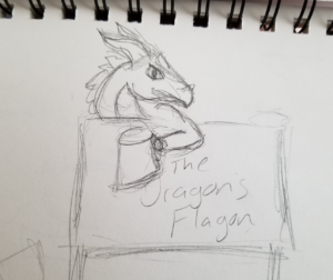 Sketch of tavern sign for Dragons Flagon, dragon holding a flagon over the top of the sign 