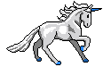 White pixel unicorn with blue horn and hooves trotting forward 